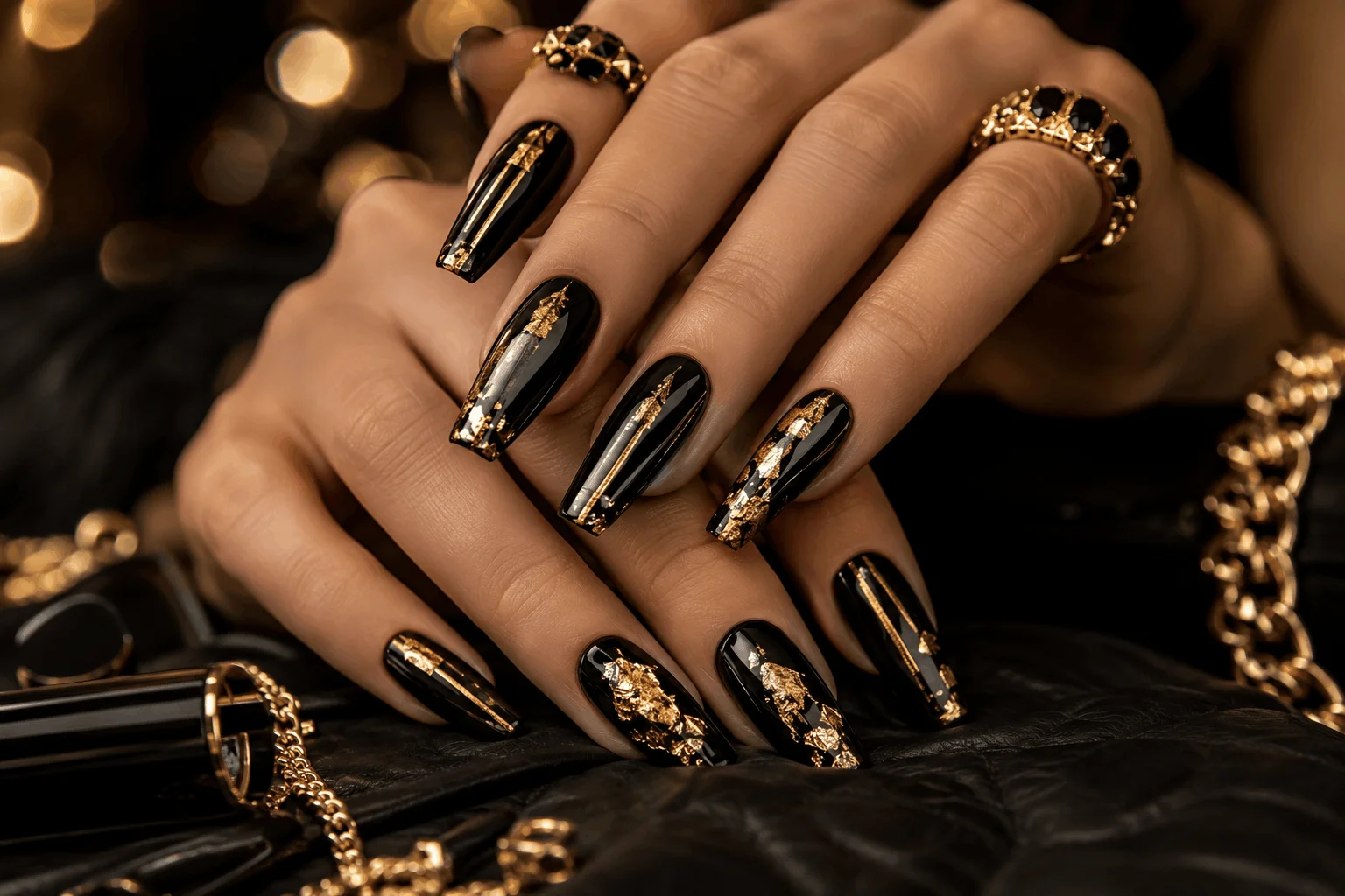10 Black Coffin Nails That Make a Bold Statement 6 Black coffin nails decorated with gold foil accents