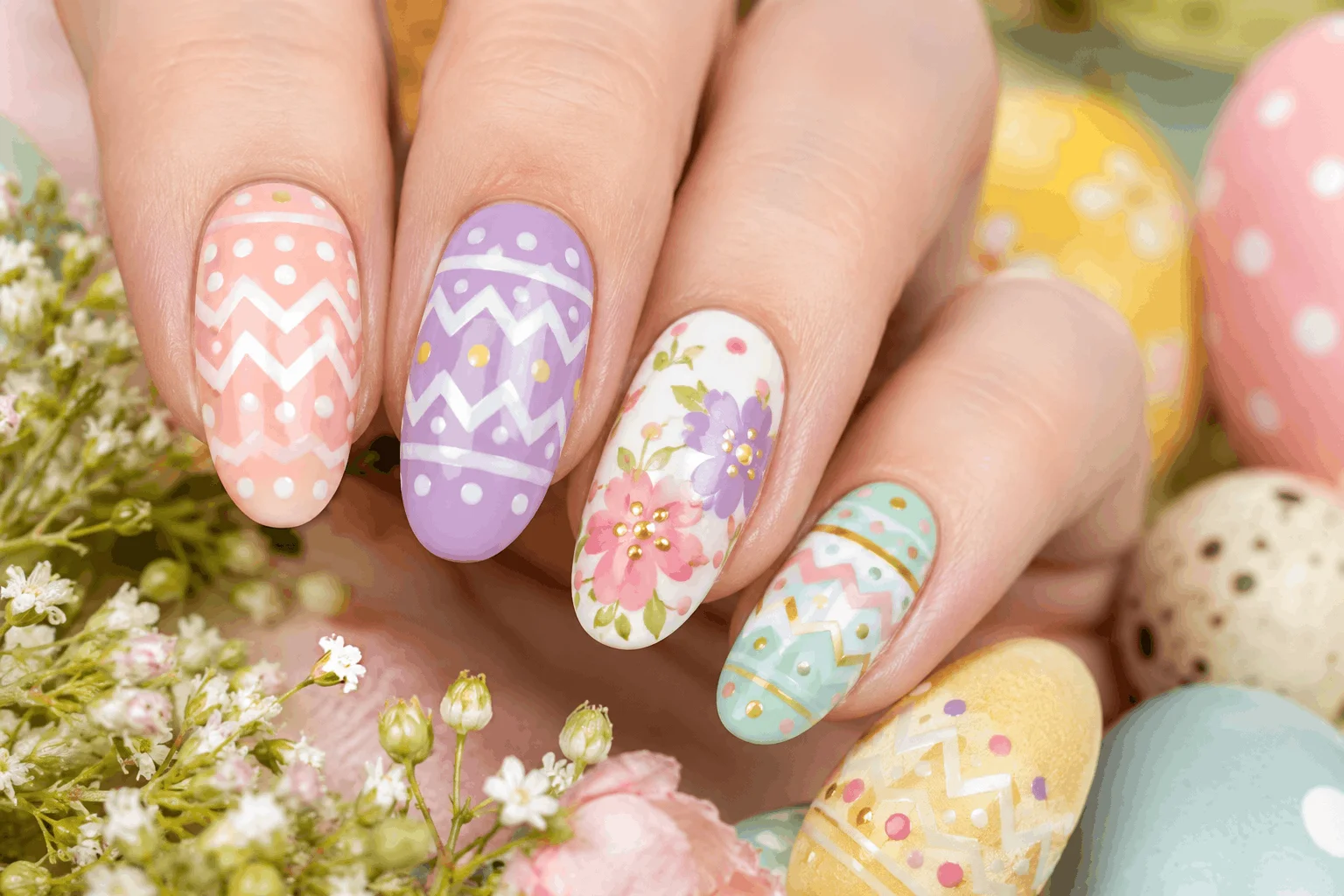 9 Easter Nails Design Ideas That Are Too Cute to Miss 3 Easter egg nails with colorful patterns