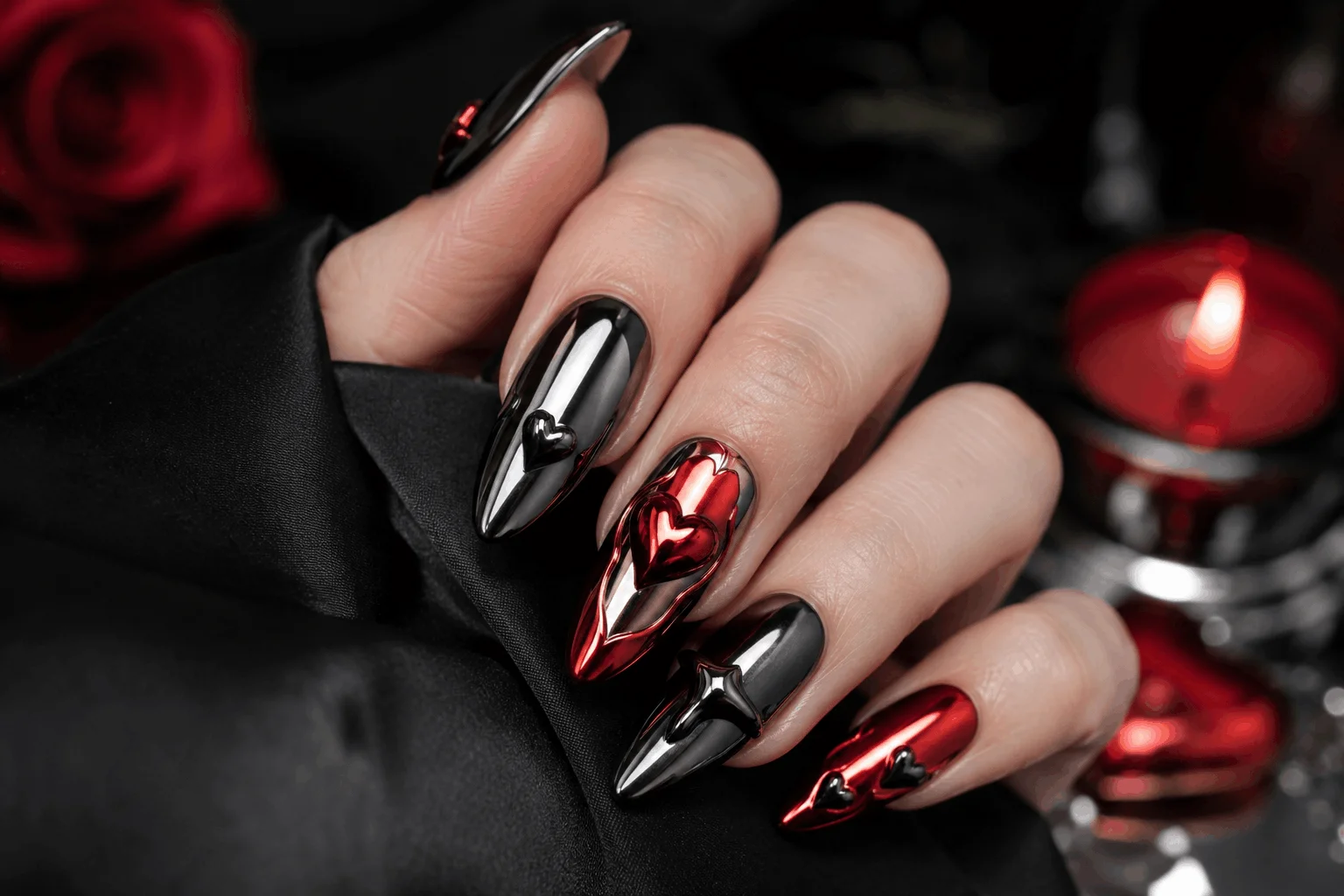 11 Dark Valentines Nails That Are Bold & Romantic 9 Edgy Valentine's nails with black chrome details