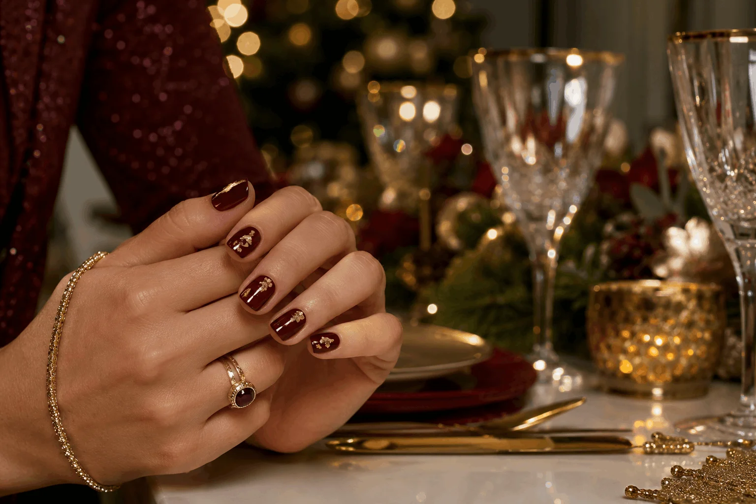 11 Christmas Short Gel Nails Perfect for Winter 10 Elegant burgundy Christmas short gel nails with gold accents