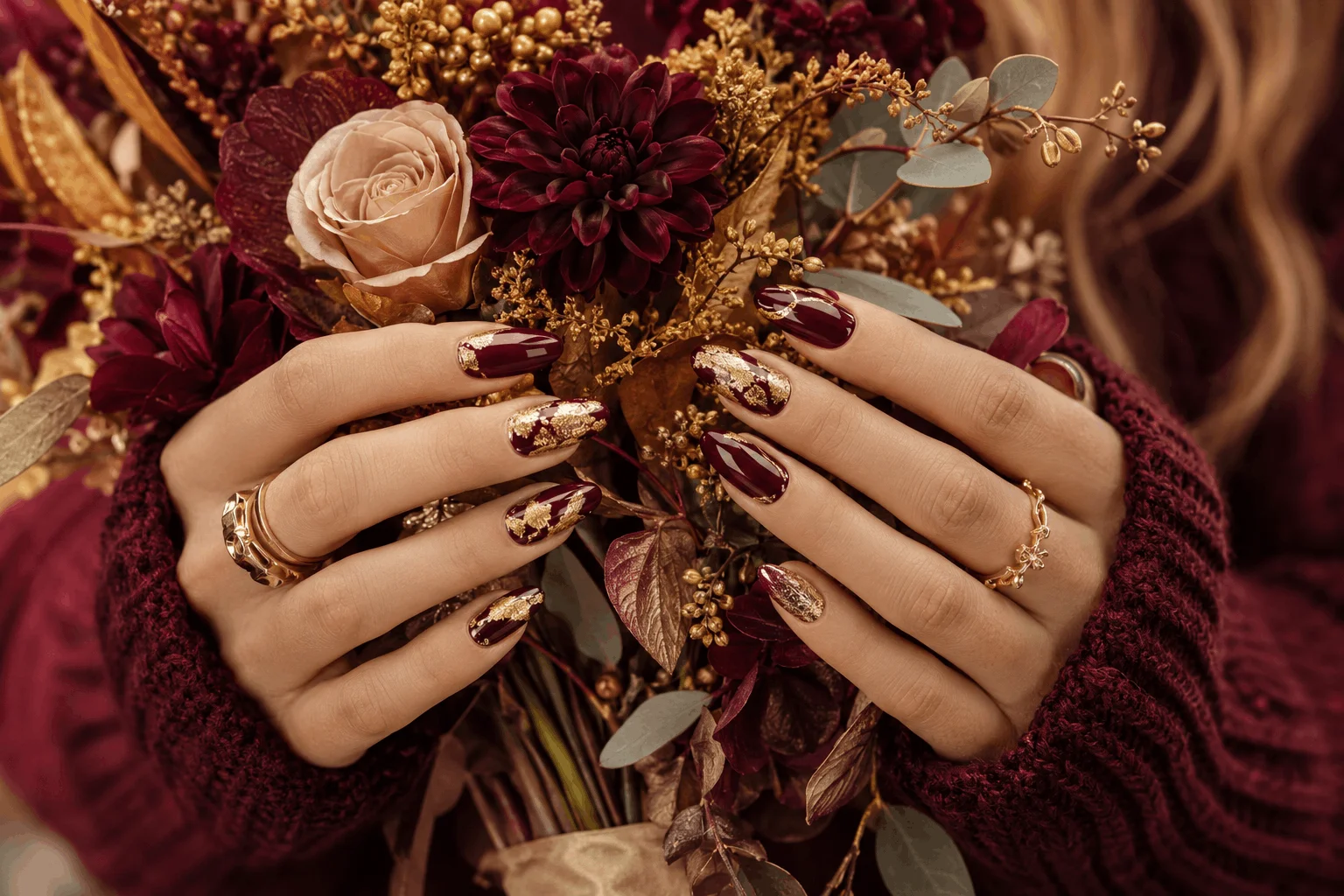 10 Thanksgiving Nail Designs That Steal the Show 4 Elegant burgundy and gold Thanksgiving nails with luxury finish