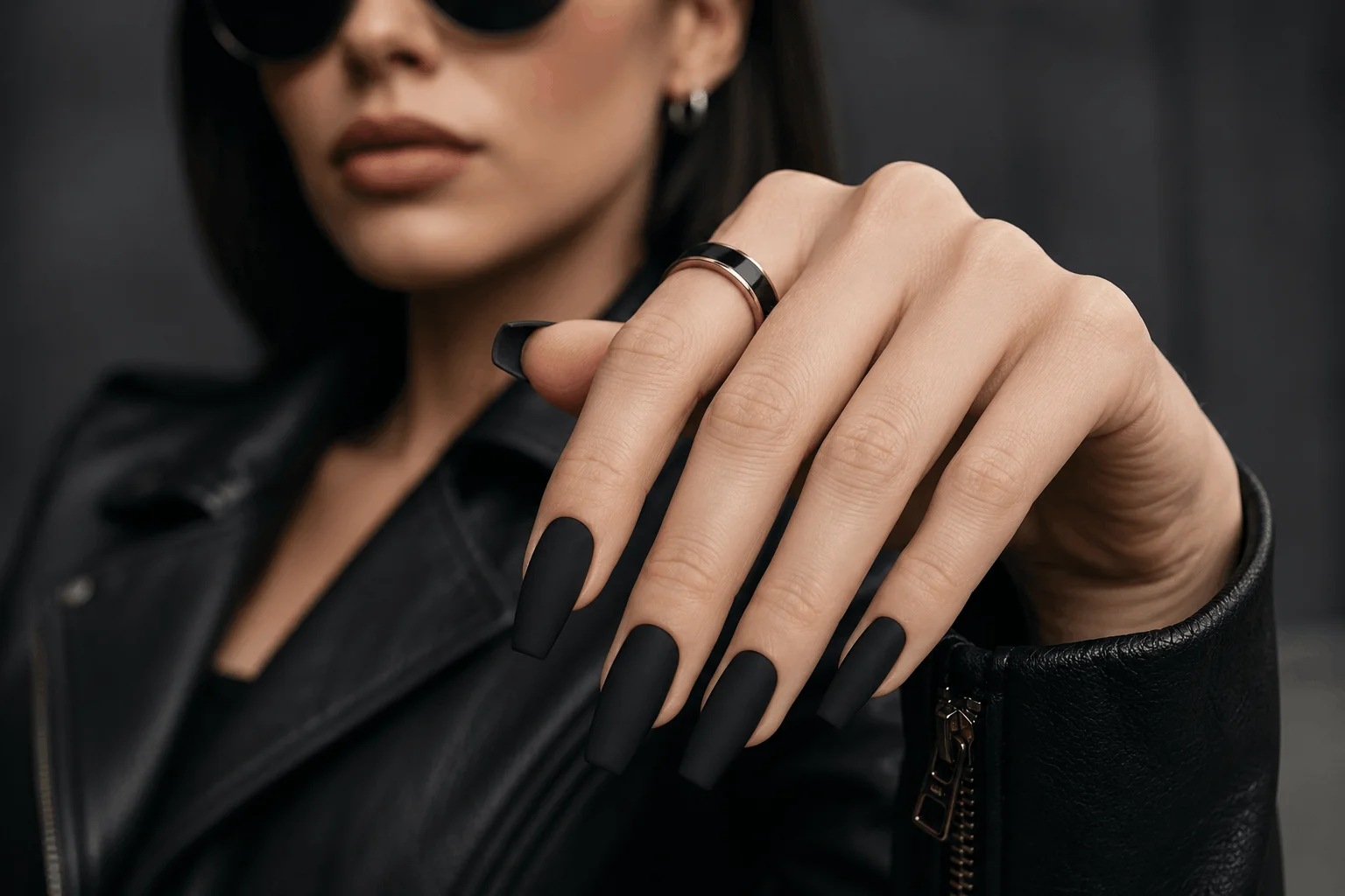 10 Black Coffin Nails That Make a Bold Statement 3 Elegant matte black coffin nails on stylish woman