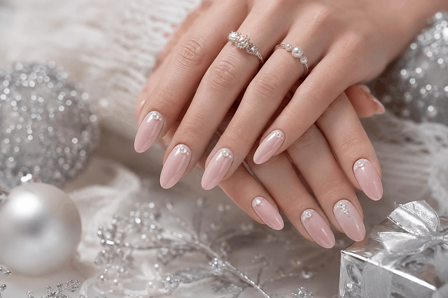 10 Pink Christmas Almond Nails You’ll Want This Season 9 Elegant pink Christmas nails with pearl accents