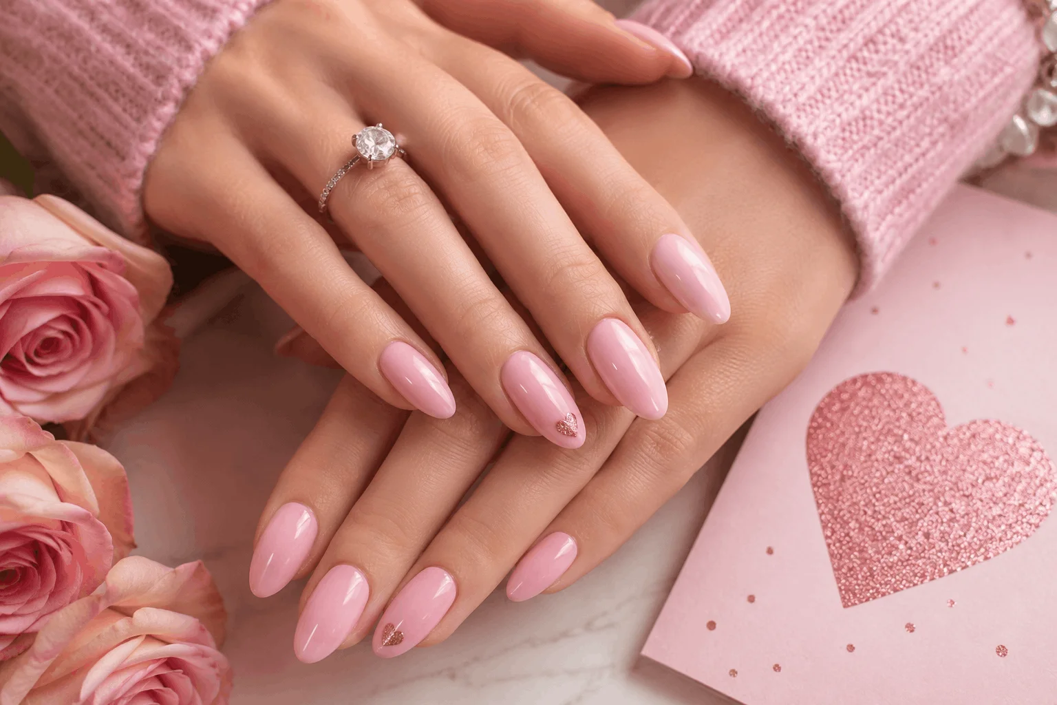 10 Cute Pink Valentines Nails for a Romantic Look 5 Elegant pink almond-shaped Valentine's nails