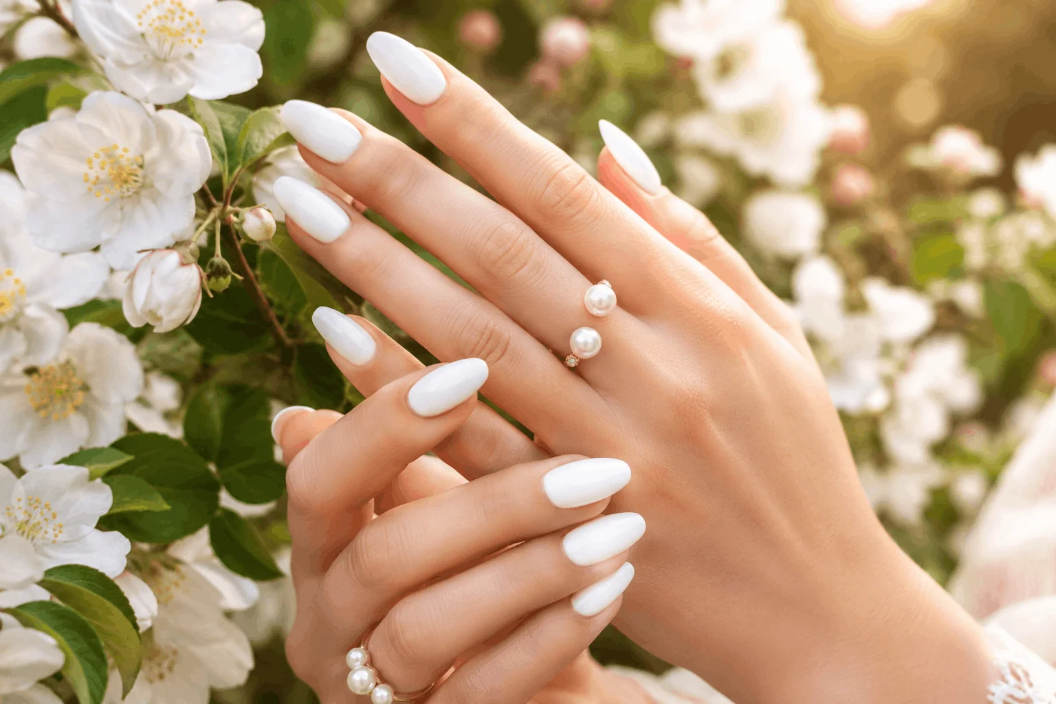 10 White Spring Nails That Scream Effortless Beauty 6 Elegant white almond nails with feminine styling
