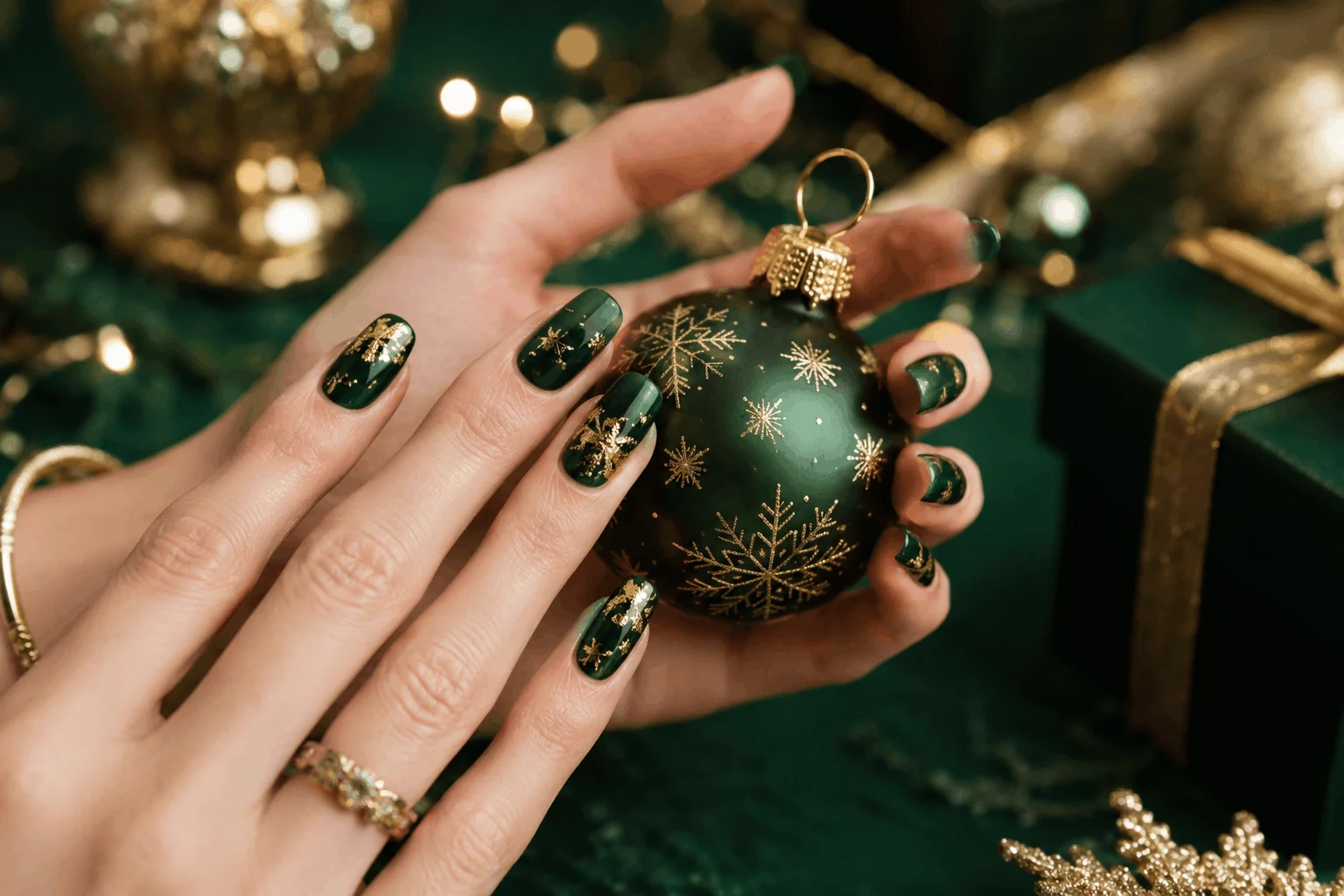 10 Nail Designs for Christmas That Look So Luxe 4 Emerald green Christmas nails with gold foil details