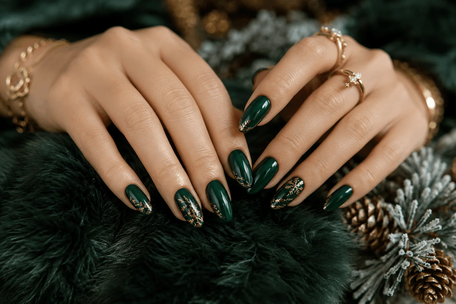 10 Winter Nail Designs That Look Stunning All Winter 9 Emerald green glam nails with gold accents for winter