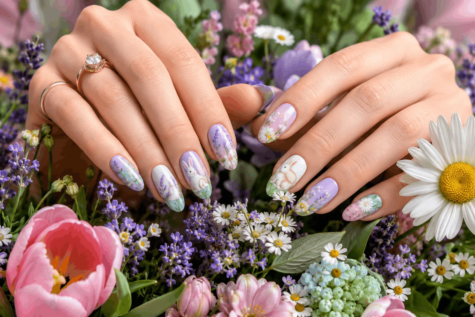 10 Easter Bunny Gel Nails You'll Want to Copy Fast 9 Floral Easter bunny garden nail art