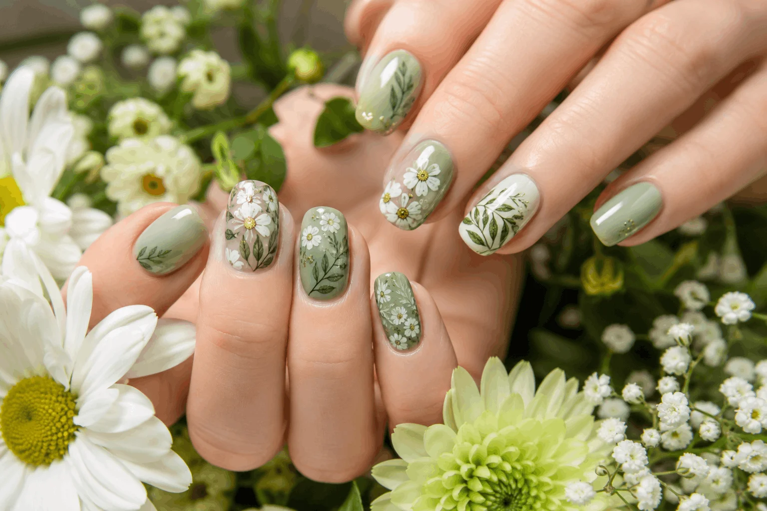 10 Green Nail Ideas Trending Everywhere This Year 9 Floral green nail art with botanical details