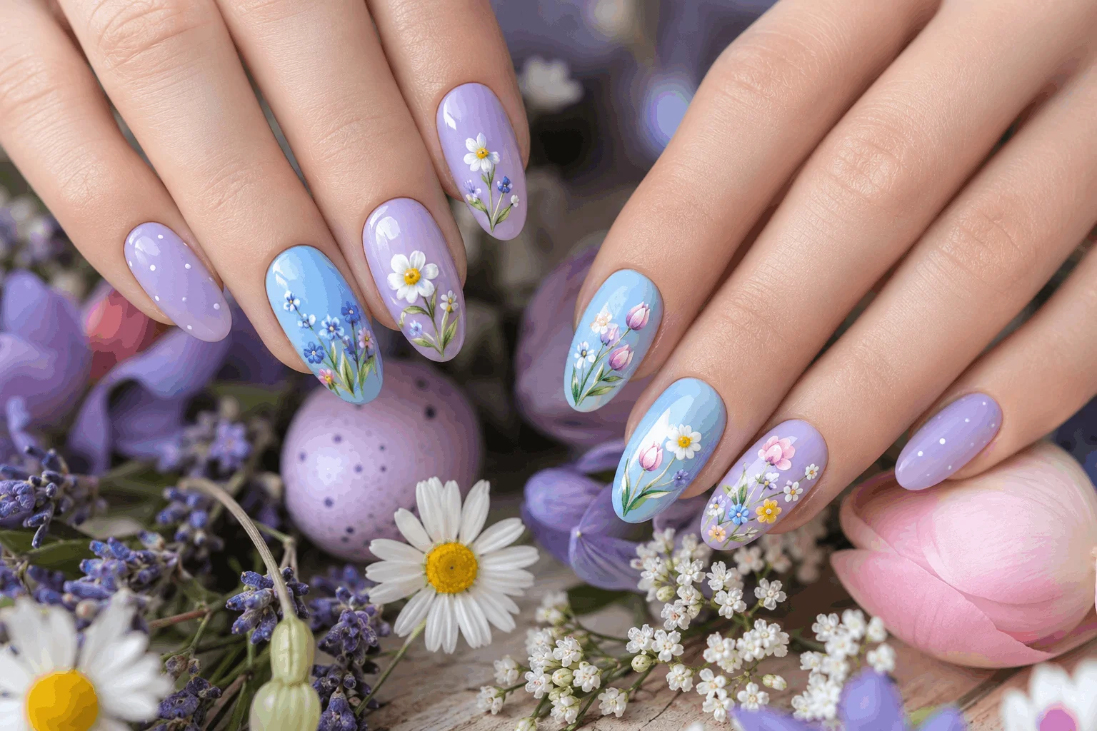11 Cute Pastel Easter Nails for a Fresh Spring Look 4 Floral pastel Easter nail designs with daisies
