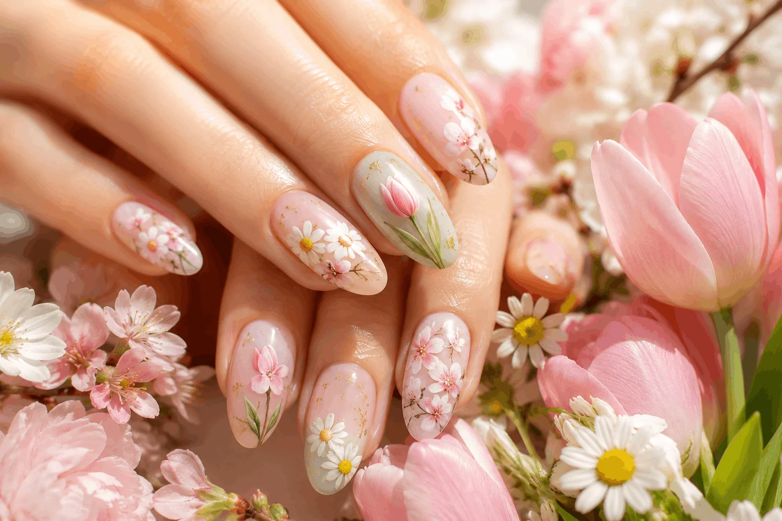9 Easter Nails Design Ideas That Are Too Cute to Miss 5 Floral spring nails with Easter theme