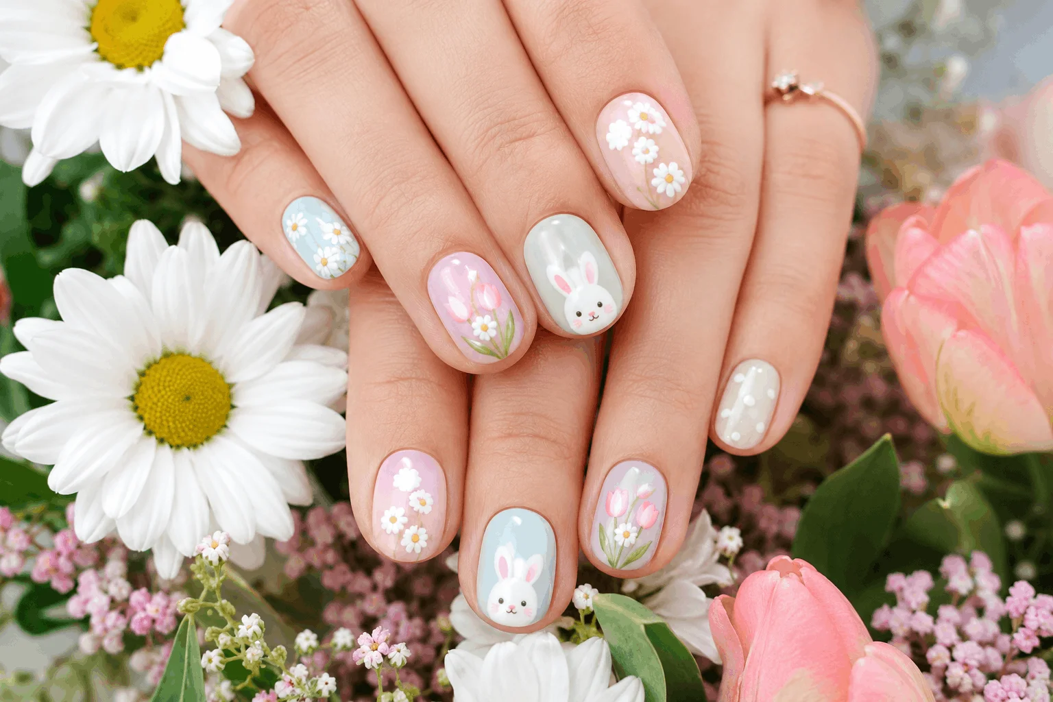 11 Cute Spring Nails and Easter Bunny Looks 4 Floral spring nails with bunny accents.