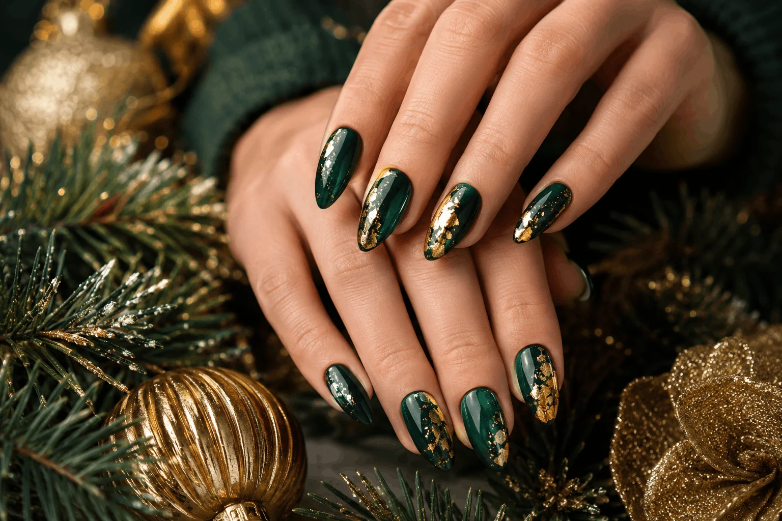 12 Green Christmas Nails That Look Pure Holiday Magic 3 Forest green Christmas nails with luxurious gold foil accents
