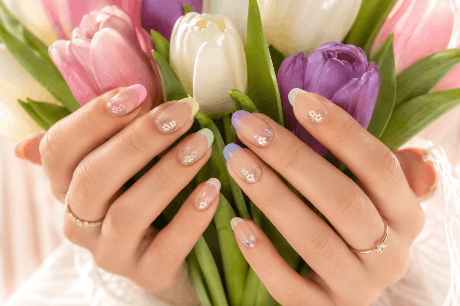 11 Spring Flower Nails Ideas for a Chic Manicure 4 French tip manicure with spring floral nail accents