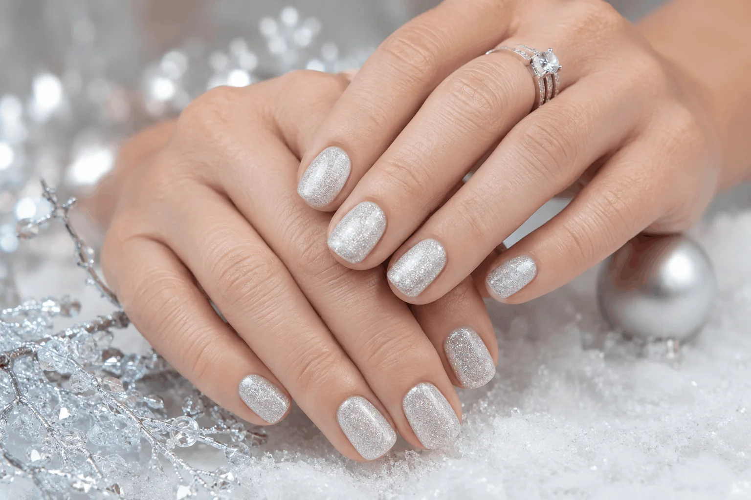 11 Christmas Short Gel Nails Perfect for Winter 5 Frosted silver short gel nails inspired by winter snow