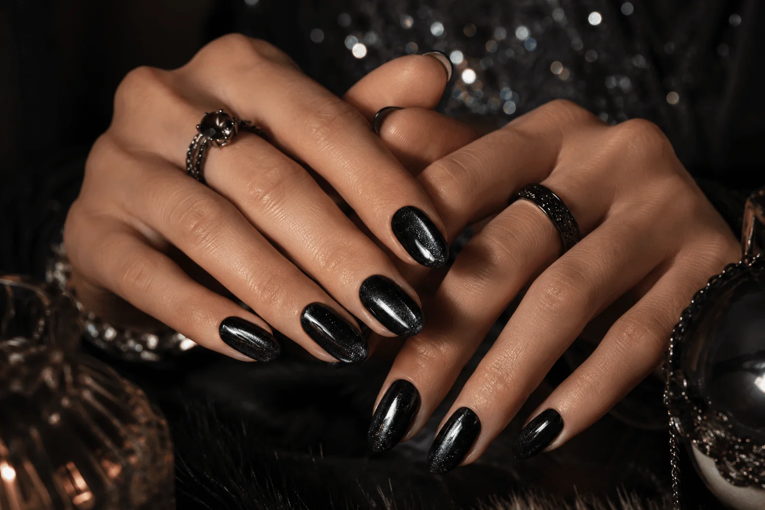 12 Black Winter Nails That Are Stunning This Season 9 Glamorous black velvet nails with magnetic shimmer effect