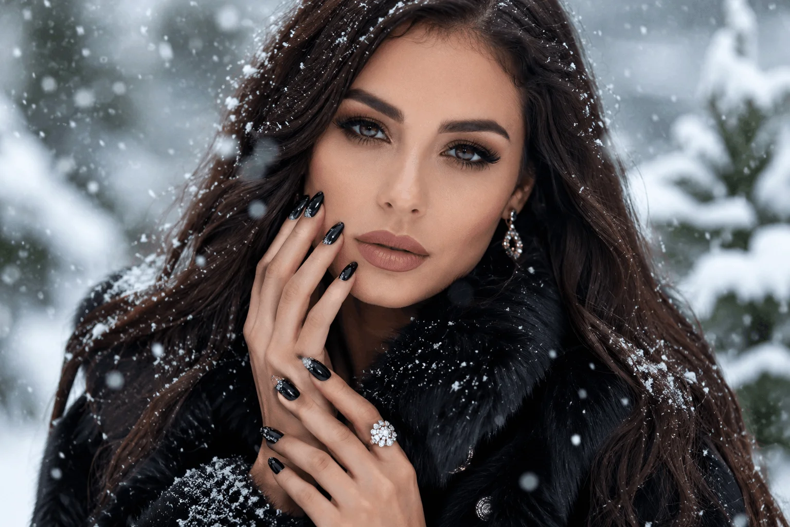 12 Black Winter Nails That Are Stunning This Season 1 Glamorous woman showcasing elegant black winter nails in a snowy luxury setting