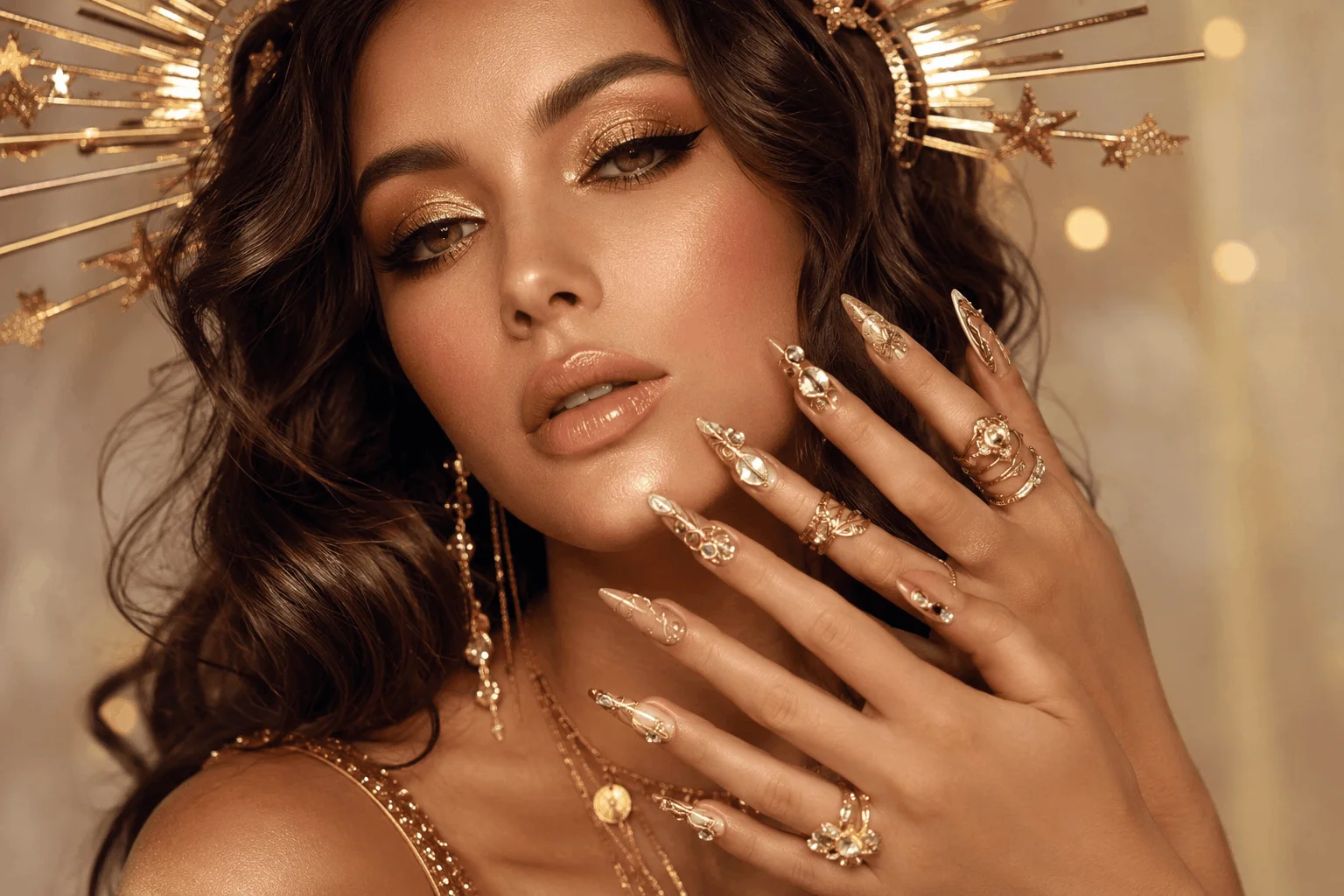 10 Goddess Nails Trends Taking Over Pinterest Now 1 Glamorous woman showcasing luxurious goddess nails with gold accents