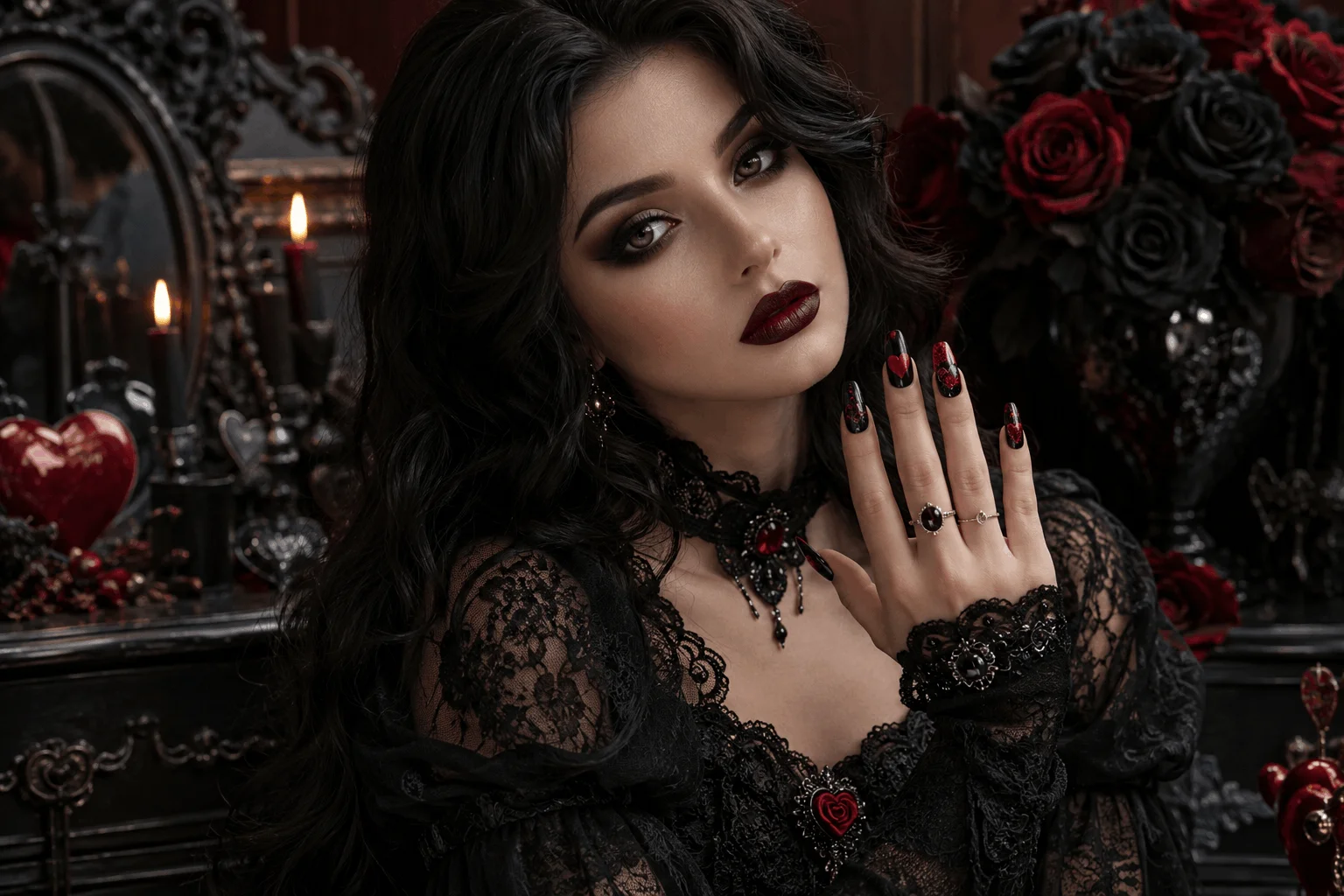 10 Romantic Gothic Nails for a Bold Valentine Statement 1 Glamorous woman showcasing romantic gothic Valentine's nails