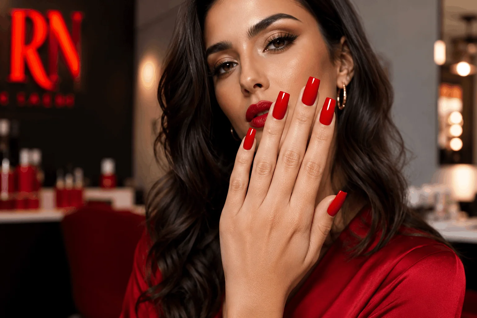 10 Stunning Red Square Acrylic Nails for Every Season 1 Glamorous woman showing elegant red square acrylic nails