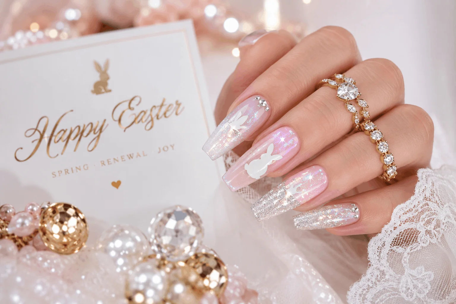 10 Easter Bunny Gel Nails You'll Want to Copy Fast 10 Glitter Easter bunny accent nail design