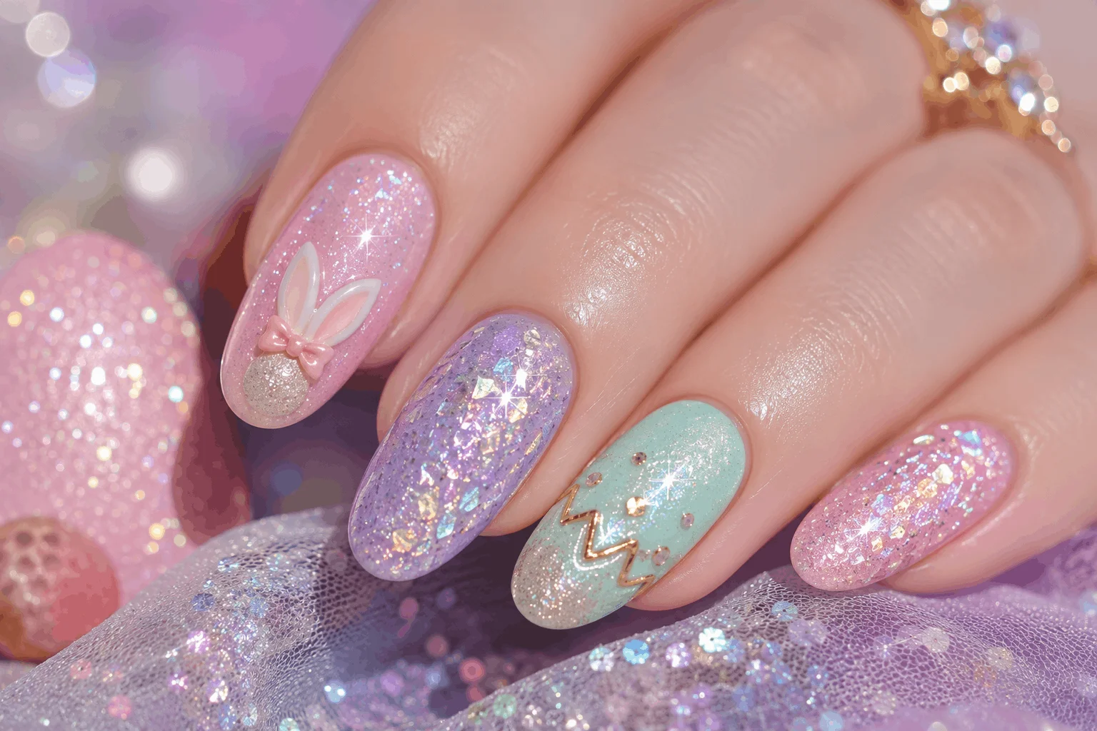 9 Easter Nails Design Ideas That Are Too Cute to Miss 9 Glitter Easter nails with pastel colors