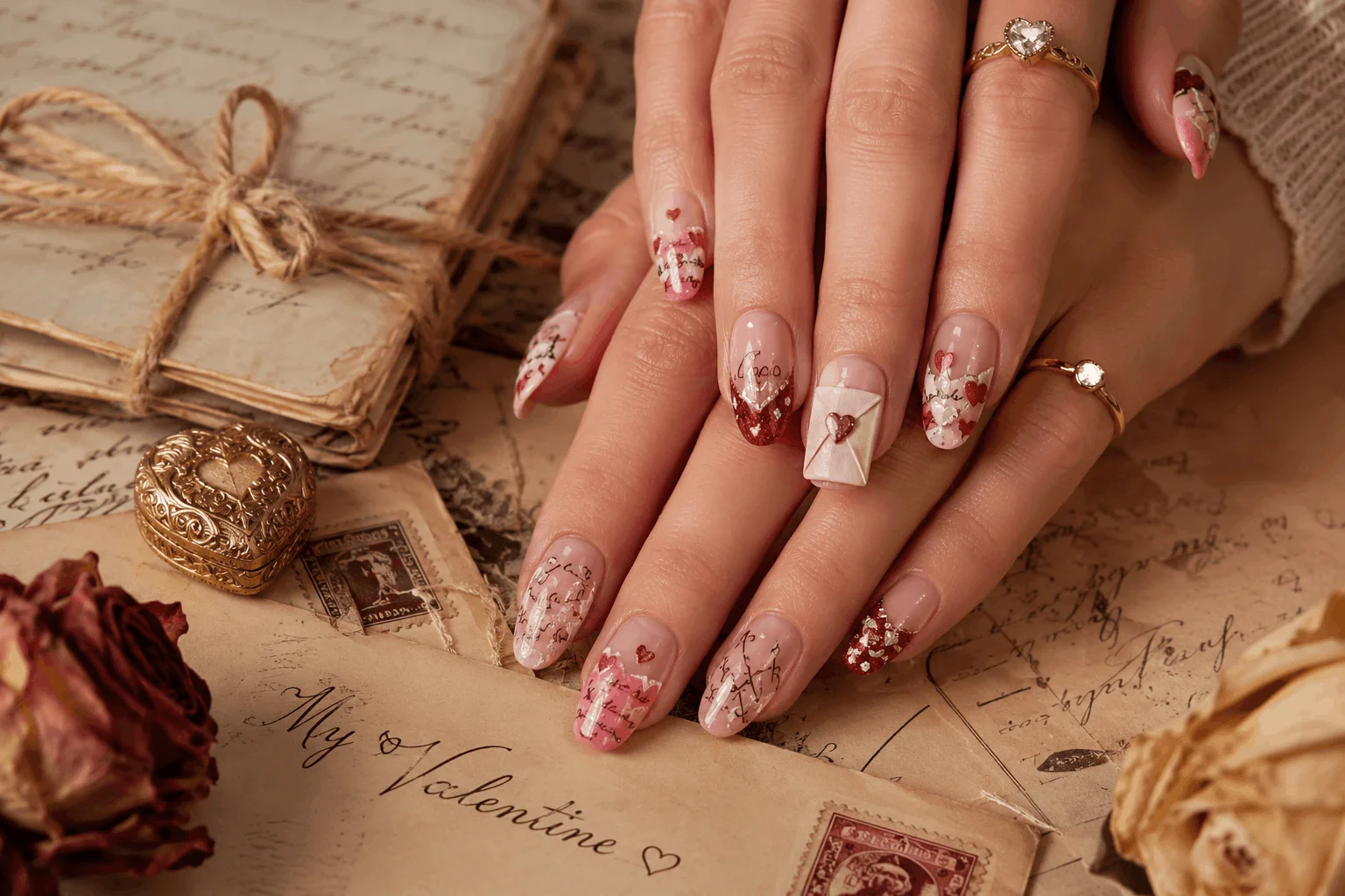 12 Valentines Day Nails That Everyone Will Copy 7 Glitter love letter Valentine's nail art