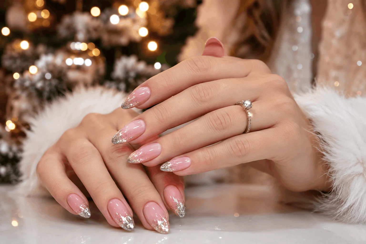 10 Pink Christmas Almond Nails You’ll Want This Season 3 Glitter pink Christmas almond nails with sparkling holiday design