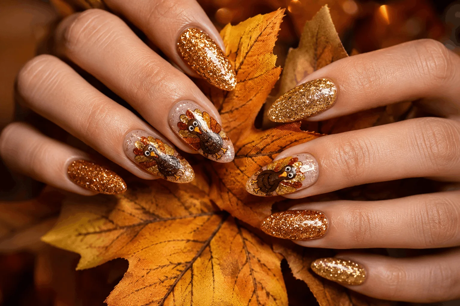 12 Turkey Nails That Will Steal Thanksgiving Attention 7 Glitter turkey nails perfect for Thanksgiving parties