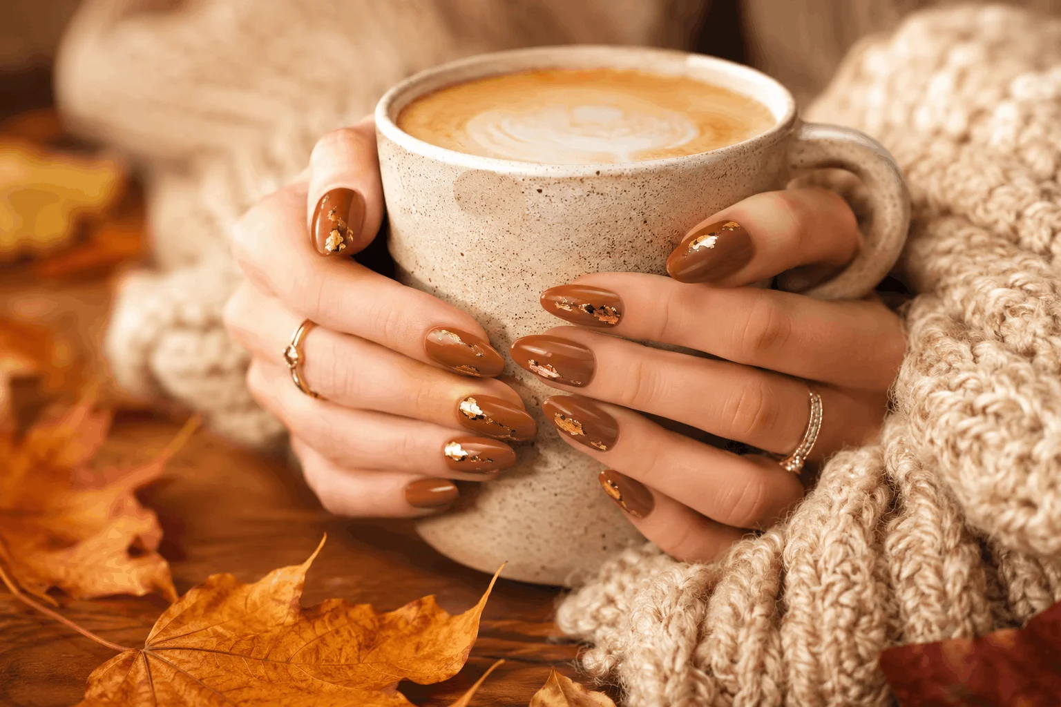 12 Fall Gel Nails That Make Autumn Look So Chic 2 Glossy caramel fall gel nails with gold foil accents.