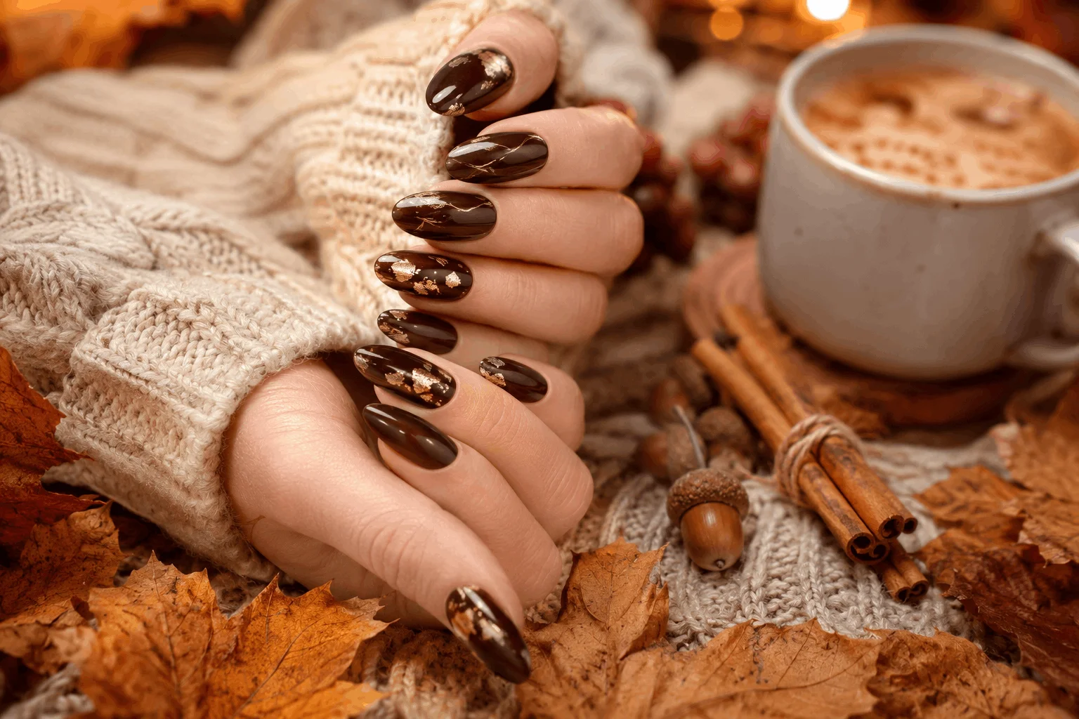 10 Fall Nail Designs Everyone Will Want to Copy 2 Glossy chocolate brown fall nail designs with gold foil.