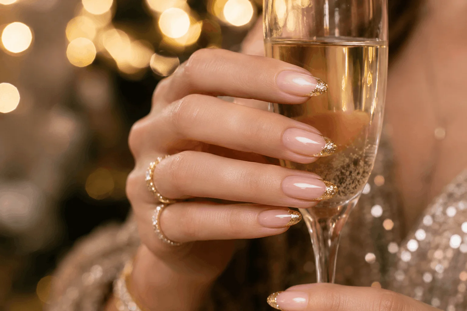 10 New Year Gel Nails That Look Instantly Chic 3 Gold glitter French tip gel nails for New Year celebration