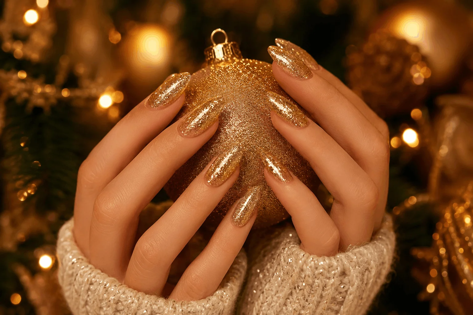 12 Christmas Gel Nails Everyone Will Save This Winter 6 Gold glitter festive gel nails for Christmas