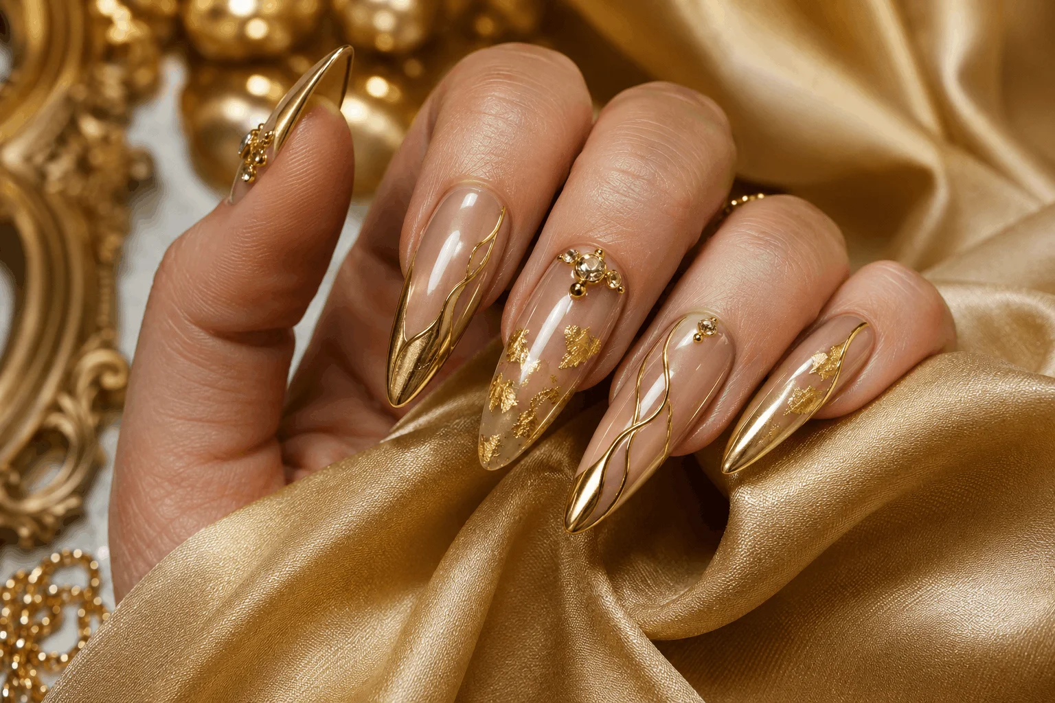 10 Goddess Nails Trends Taking Over Pinterest Now 2 Gold goddess nails with metallic chrome and foil accents