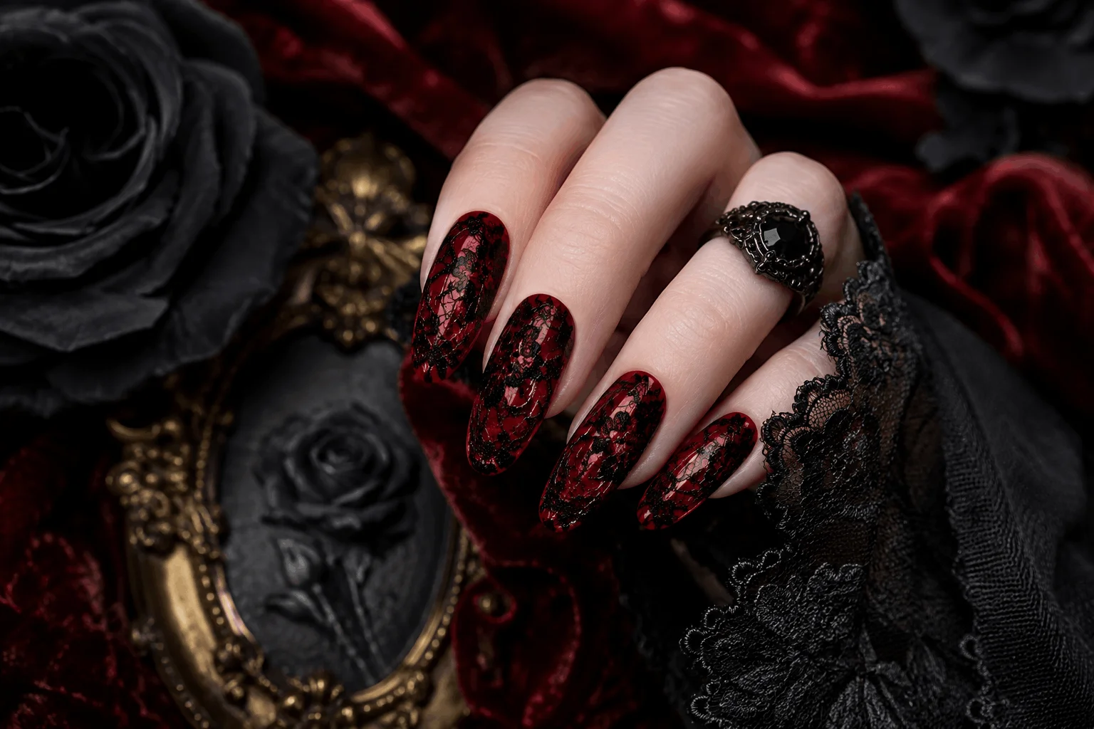 11 Dark Valentines Nails That Are Bold & Romantic 6 Gothic Valentine's nails with black lace designs