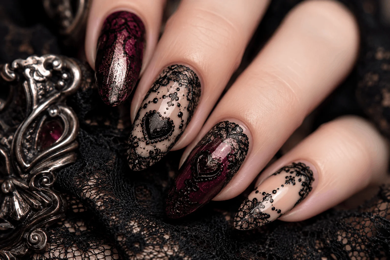 10 Romantic Gothic Nails for a Bold Valentine Statement 4 Gothic heart nail art with black lace patterns