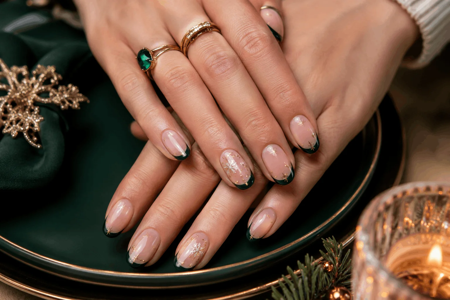 12 Green Christmas Nails That Look Pure Holiday Magic 6 Green French tip Christmas nails with festive gold details