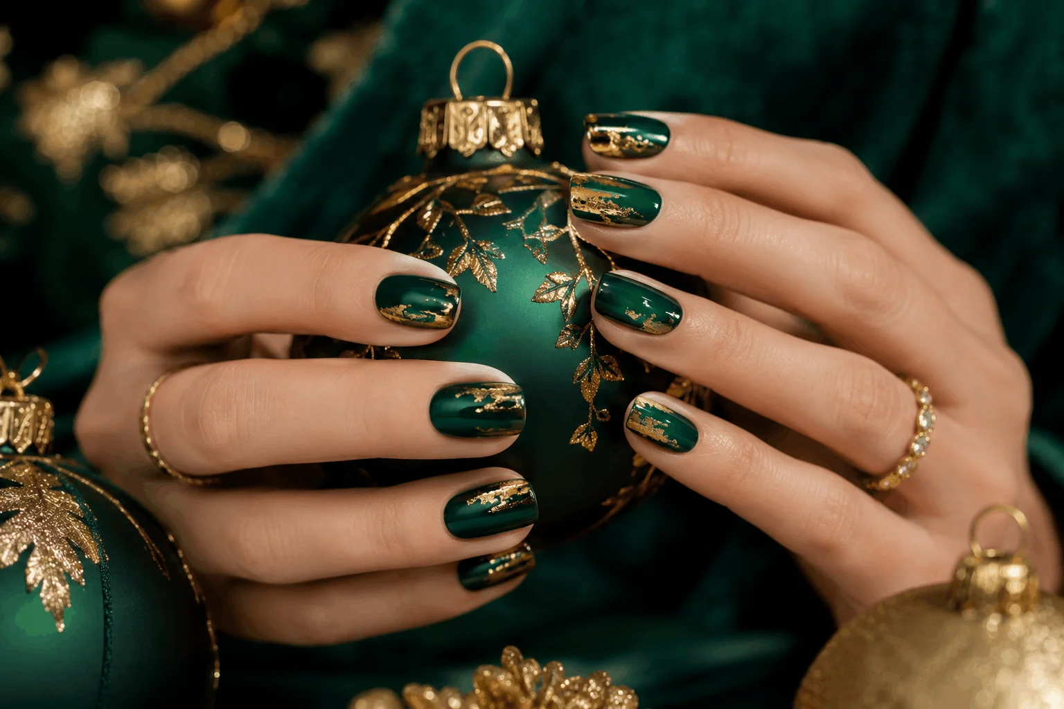 11 Christmas Short Gel Nails Perfect for Winter 4 Green and gold holiday gel nails on short nails