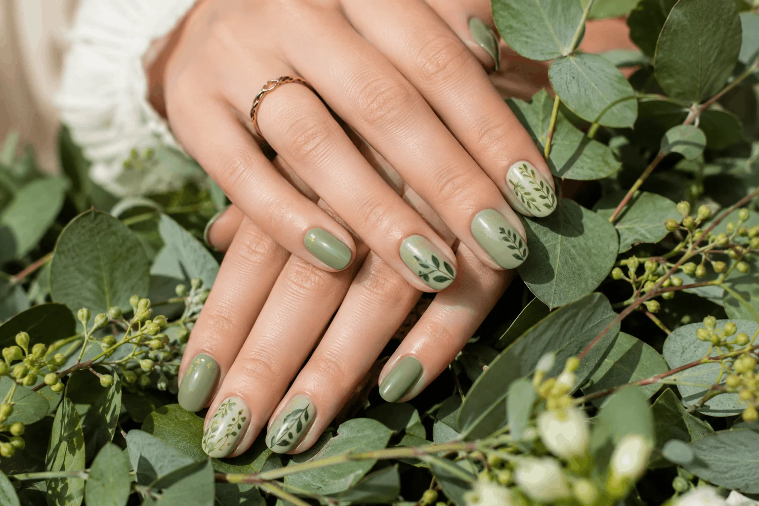 10 March Nails Designs Everyone Will Be Copying 5 Green botanical nail design inspired by nature