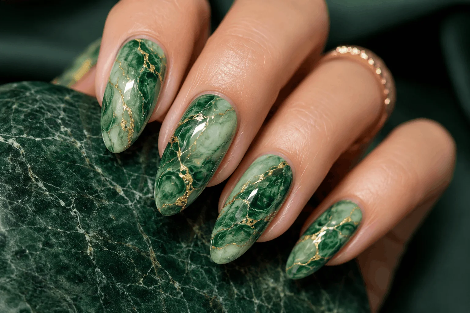 10 Green Nail Ideas Trending Everywhere This Year 6 Green marble nail art with gold veins
