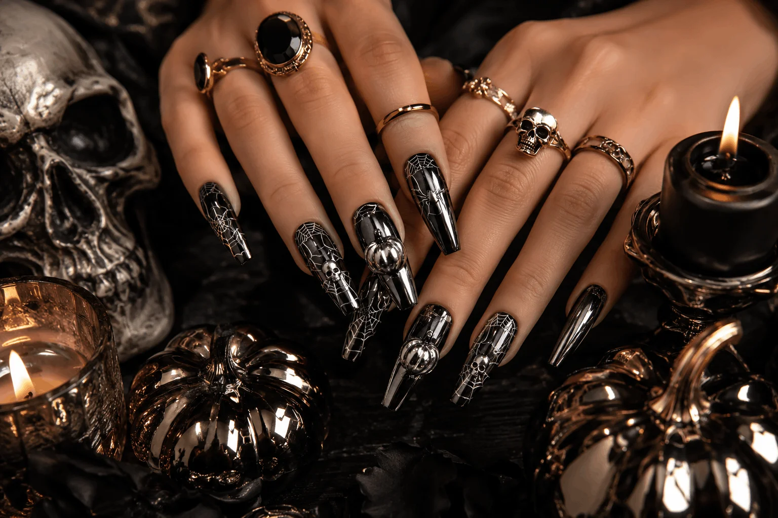10 Halloween Acrylic Nails You'll Want This Spooky Season 4 Halloween coffin acrylic nails with chrome details.