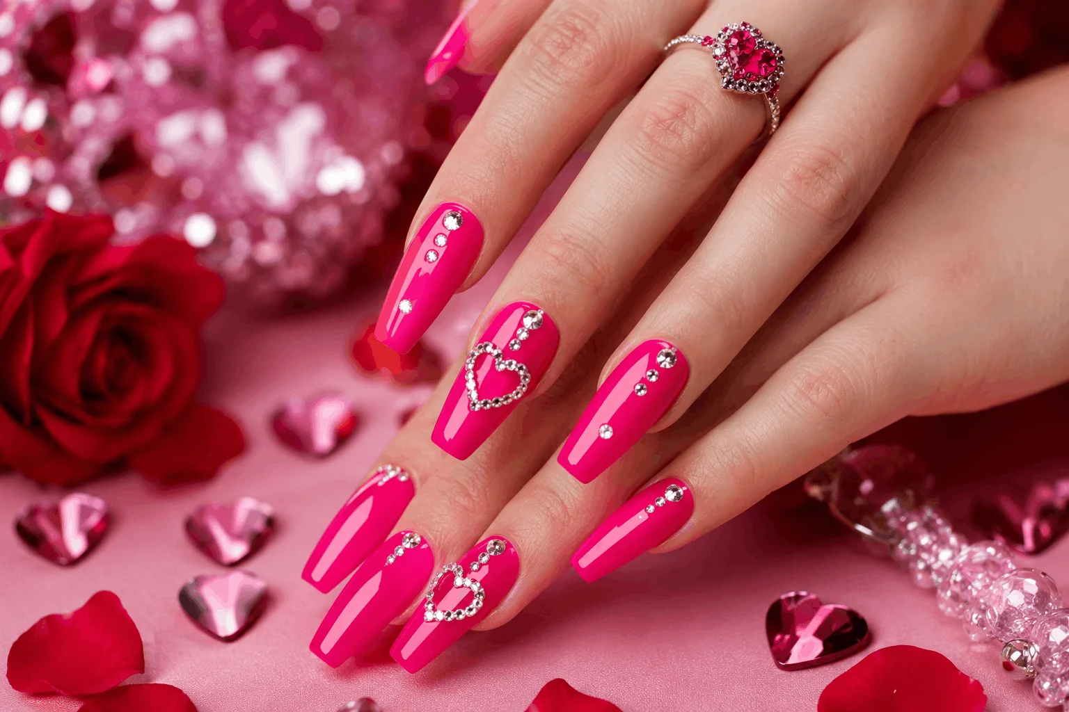 10 Cute Pink Valentines Nails for a Romantic Look 4 Hot pink Valentine's nails with rhinestones