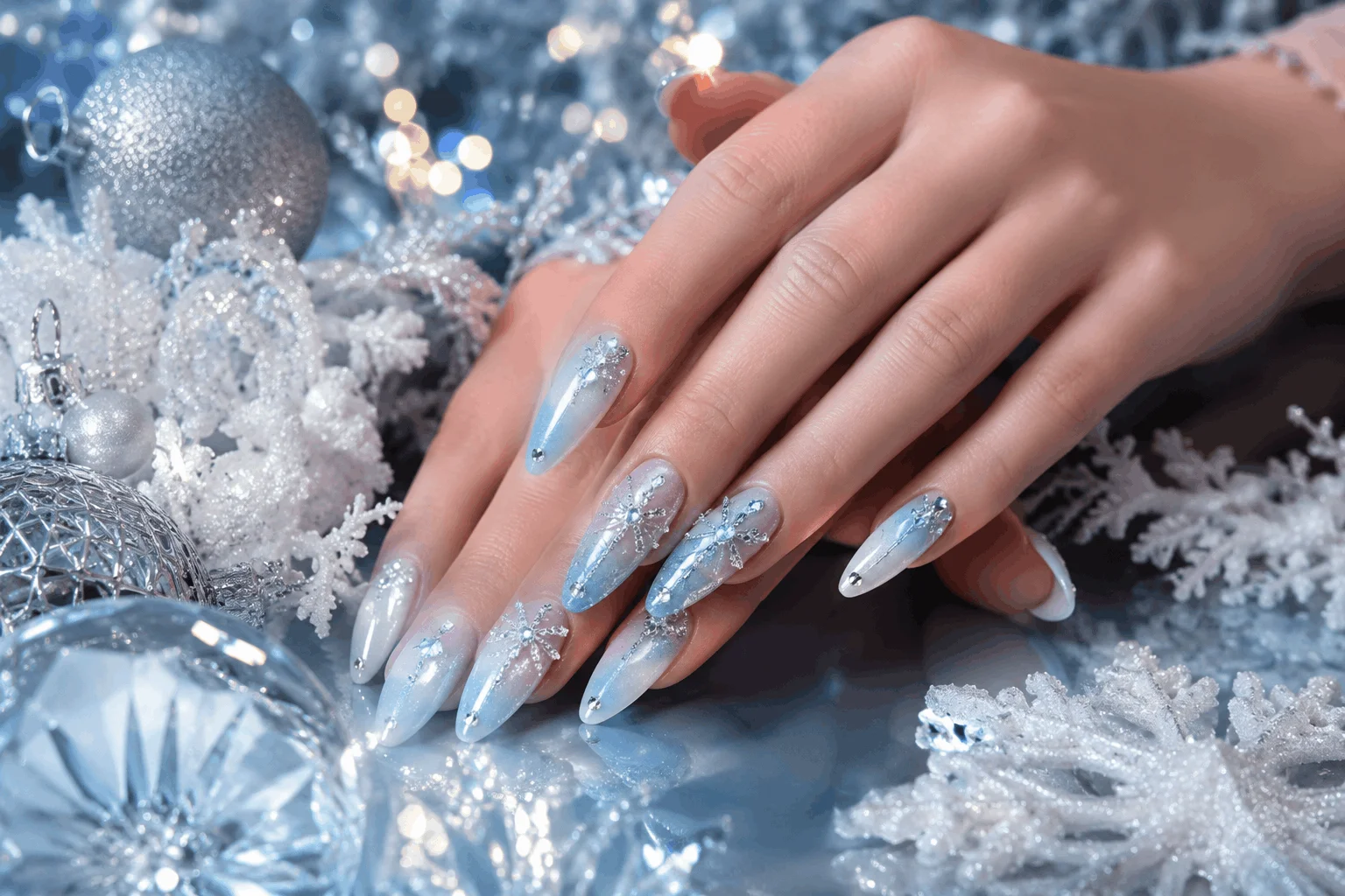 10 Nail Designs for Christmas That Look So Luxe 11 Icy blue Christmas nails with snowflake-inspired crystals