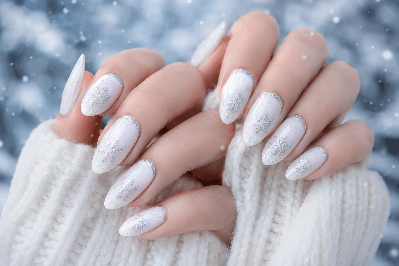 10 Winter Almond Nails That Look So Elegant 2 Icy white winter almond nails with silver snowflake details