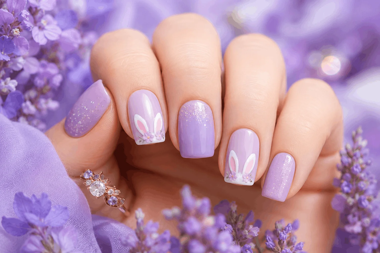 11 Cute Spring Nails and Easter Bunny Looks 6 Lavender Easter bunny nail art on short nails.