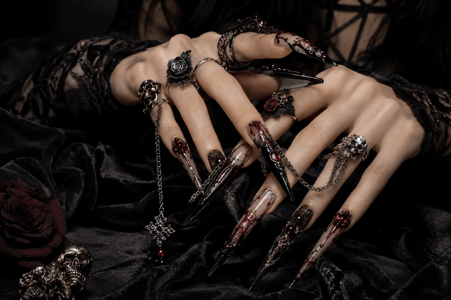 10 Halloween Acrylic Nails You'll Want This Spooky Season 8 Long Halloween acrylic nails with gothic glam style.