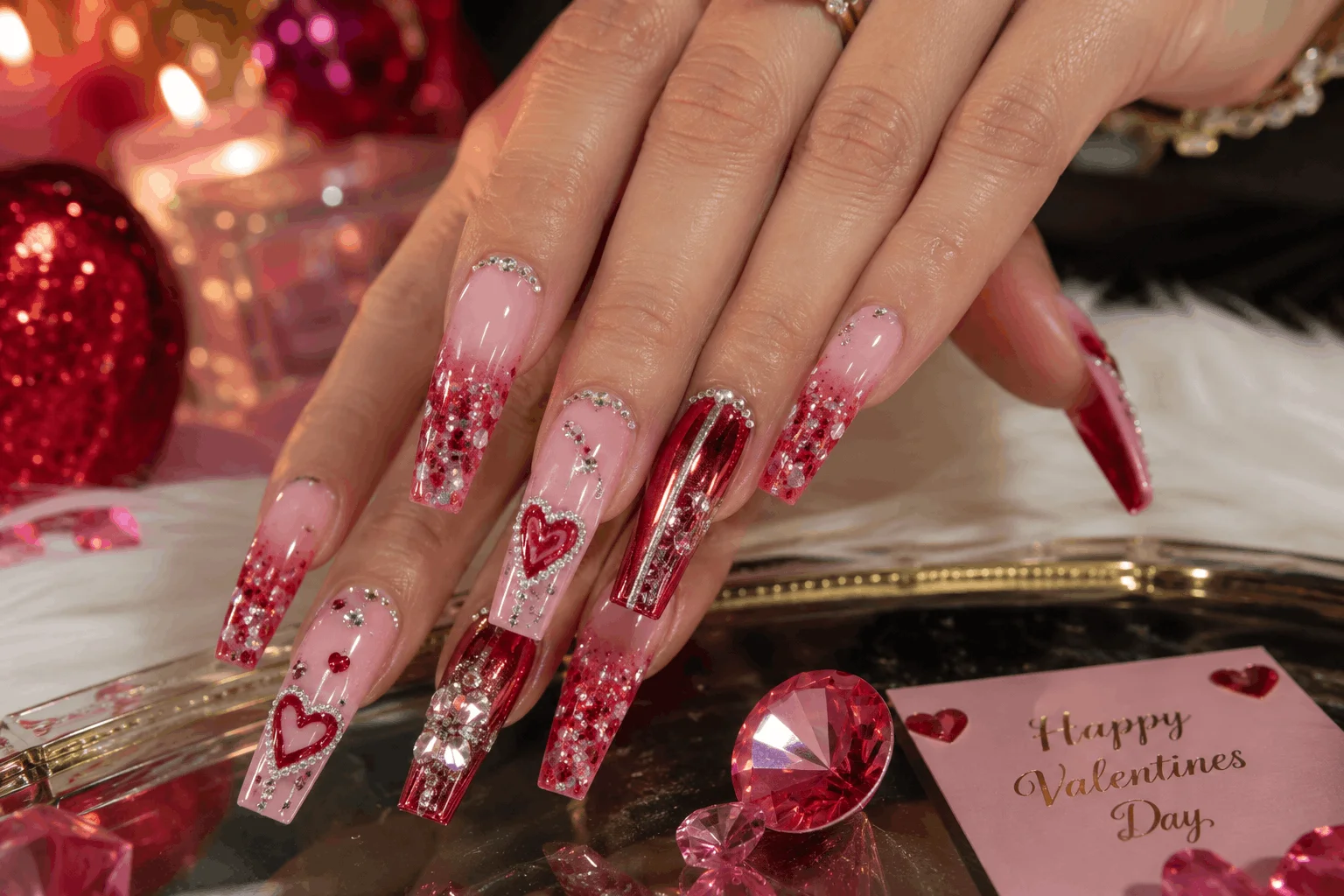 12 Valentines Day Nails That Everyone Will Copy 5 Long glamorous Valentine's acrylic nails