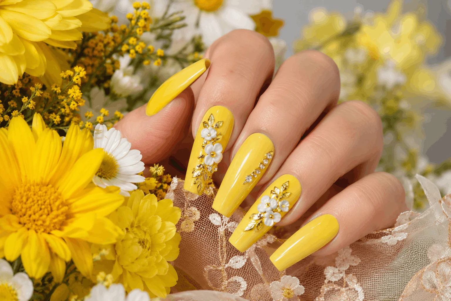 9 Yellow Spring Nails That Are Perfect for Sunny Days 8 Long yellow acrylic nails with trendy spring design