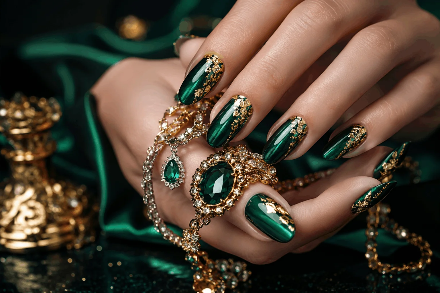 10 Green Nail Ideas Trending Everywhere This Year 3 Luxurious emerald green nails with gold accents