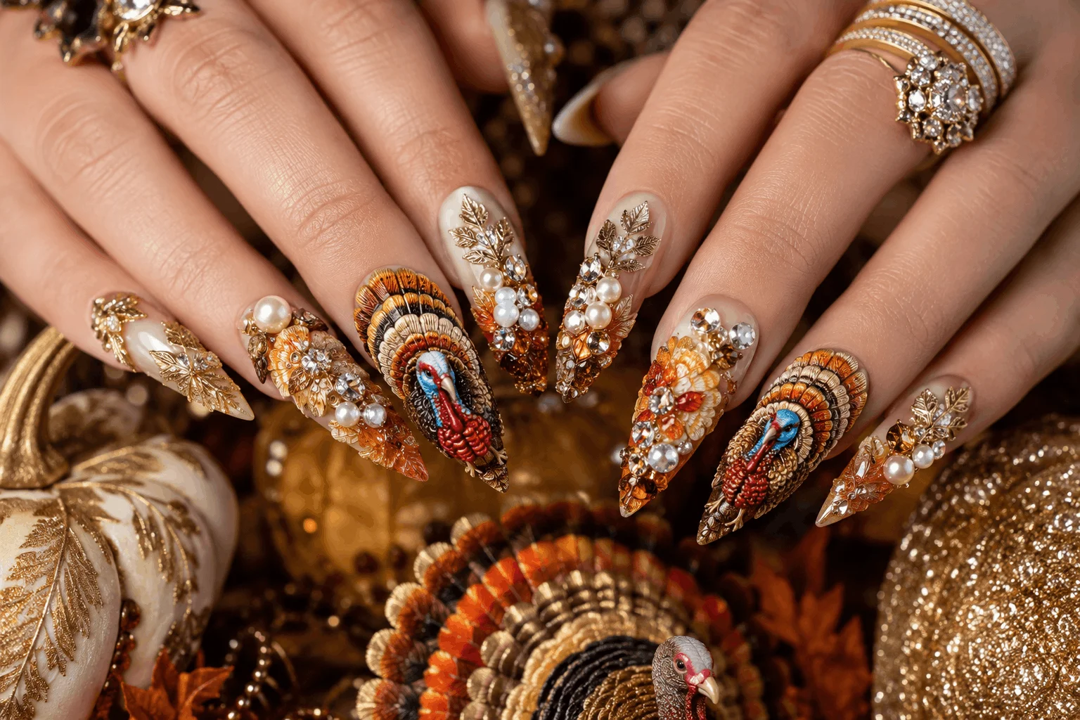 12 Turkey Nails That Will Steal Thanksgiving Attention 11 Luxury 3D turkey acrylic nails with crystal accents